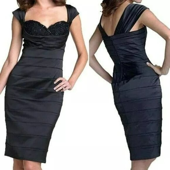 Tadashi Shoji Cocktail Sheath Dress 10 Black Beaded Lace Sweetheart Satin New - Picture 15 of 15